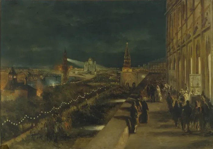Framed Print : Illumination of Moscow on the occasion of the Coronation of Emperor Alexander III on 15th May 1883, 1883. Artist: Makovsky, Nikolai Yegorovich (1842-1886) Framed Print : Illumination of Moscow on the occasion of the Coronation of Emperor Alexander III on 15th May 1883, 1883. Artist: Makovsky, Nikolai Yegorovich (1842-1886)