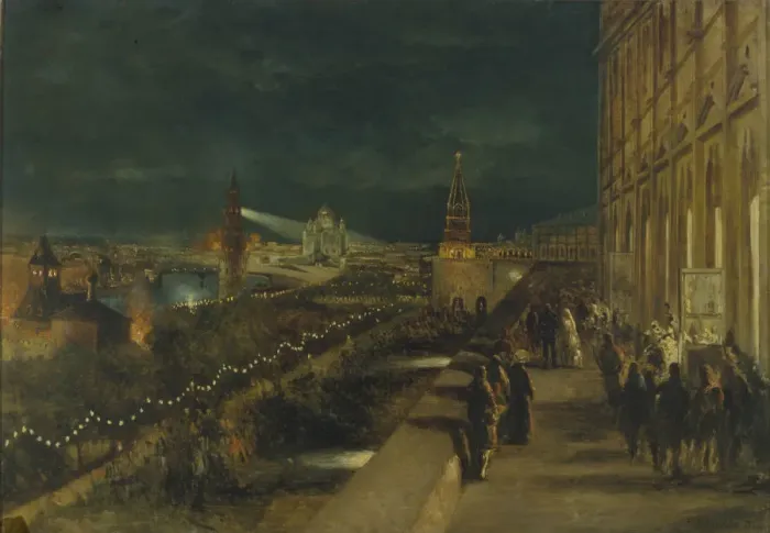 Framed Print : Illumination of Moscow on the occasion of the Coronation of Emperor Alexander III on 15th May 1883. Artist: Makovsky, Nikolai Yegorovich (1842-1886) Framed Print : Illumination of Moscow on the occasion of the Coronation of Emperor Alexander III on 15th May 1883. Artist: Makovsky, Nikolai Yegorovich (1842-1886)