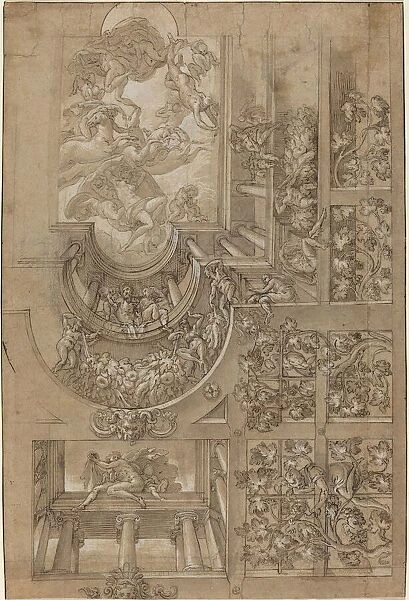 Illusionistic Ceiling with a Grape Arbor, Figures Poised on Galleries, and a Central
