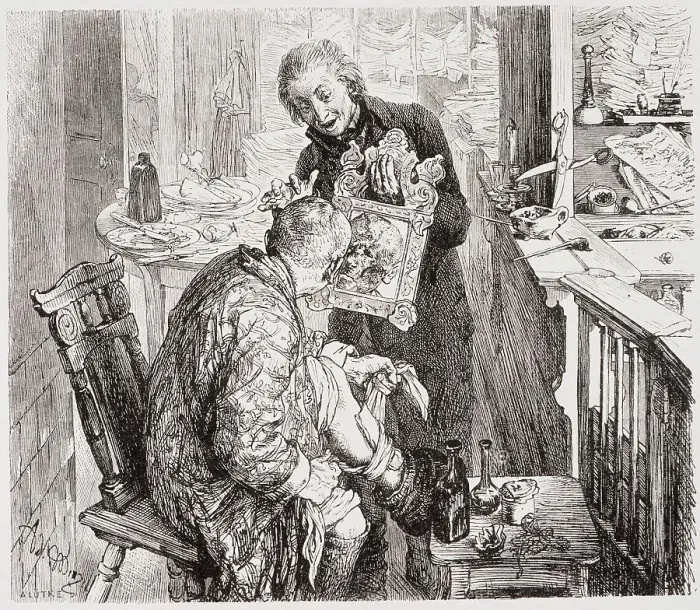 Framed Print : Illustration to Act 1 of Heinrich von Kleist's The Broken Jug, 1877. Creator: Adolph Menzel Framed Print : Illustration to Act 1 of Heinrich von Kleist's The Broken Jug, 1877. Creator: Adolph Menzel