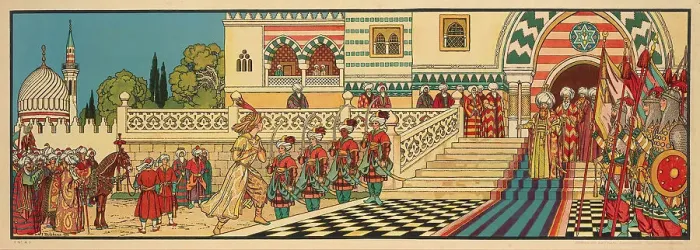 Framed Print : Illustration for Arabian Fairy Tales, 1932. Creator: Bilibin, Ivan Yakovlevich (1876-1942) Framed Print : Illustration for Arabian Fairy Tales, 1932. Creator: Bilibin, Ivan Yakovlevich (1876-1942)
