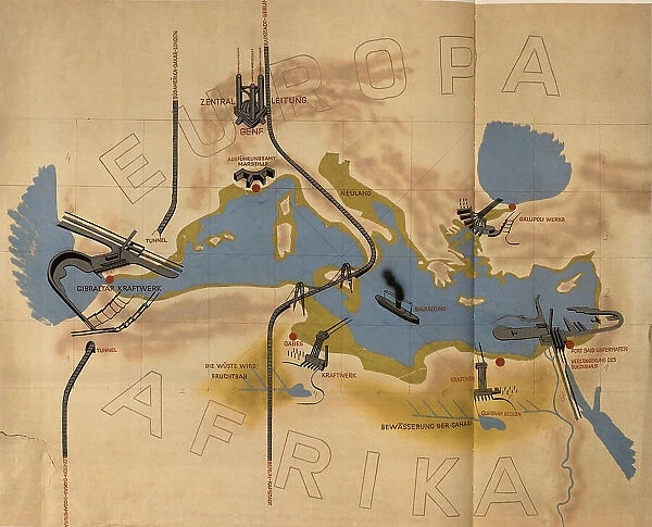 Illustration of the Atlantropa Project. Exhibition flyer, 1932. Creator: Sörgel, Herman (1885-1952)