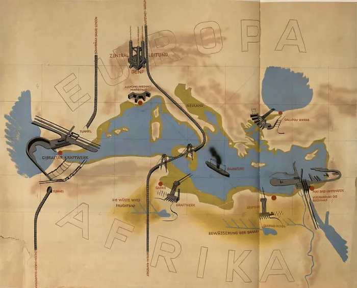 Framed Print : Illustration of the Atlantropa Project. Exhibition flyer, 1932. Creator: Sörgel, Herman (1885-1952) Framed Print : Illustration of the Atlantropa Project. Exhibition flyer, 1932. Creator: Sörgel, Herman (1885-1952)