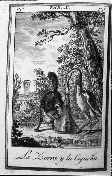 Illustration of the fable La zorra y la cigüena (The Fox and the Stork)