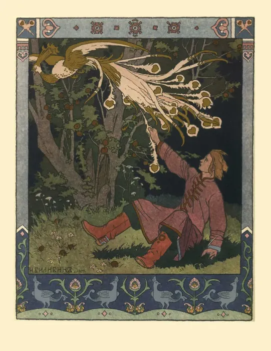 Framed Print : Illustration for the Fairy tale of Ivan Tsarevich, the Firebird, and the Gray Wolf, 1902. Artist: Bilibin, Ivan Yakovlevich (1876-1942) Framed Print : Illustration for the Fairy tale of Ivan Tsarevich, the Firebird, and the Gray Wolf, 1902. Artist: Bilibin, Ivan Yakovlevich (1876-1942)