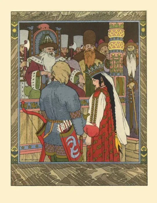 Framed Print : Illustration for the Fairy tale of Ivan Tsarevich, the Firebird, and the Gray Wolf, 1902. Artist: Bilibin, Ivan Yakovlevich (1876-1942) Framed Print : Illustration for the Fairy tale of Ivan Tsarevich, the Firebird, and the Gray Wolf, 1902. Artist: Bilibin, Ivan Yakovlevich (1876-1942)