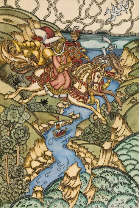Framed Print : Illustration for the Fairy tale Marya Morevna, 1913-1915. Artist: Bilibin, Ivan Yakovlevich (1876-1942) Framed Print : Illustration for the Fairy tale Marya Morevna, 1913-1915. Artist: Bilibin, Ivan Yakovlevich (1876-1942)