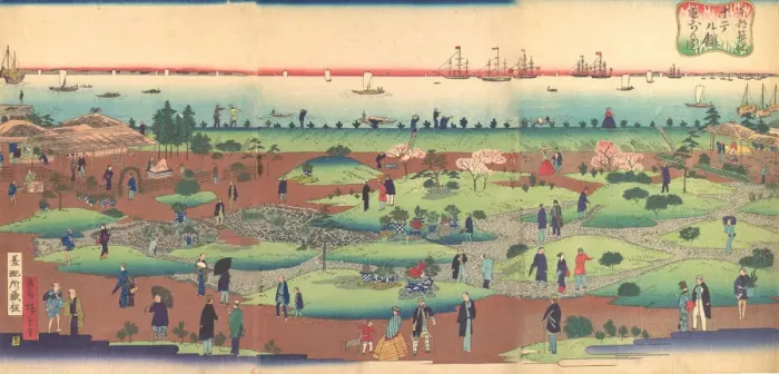 Framed Print : Illustration of the Front Garden of the Tsukiji Hotel in the Eastern Capital (Toto... ca. 1868-72. Creator: Utagawa Hiroshige III) Framed Print : Illustration of the Front Garden of the Tsukiji Hotel in the Eastern Capital (Toto... ca. 1868-72. Creator: Utagawa Hiroshige III)