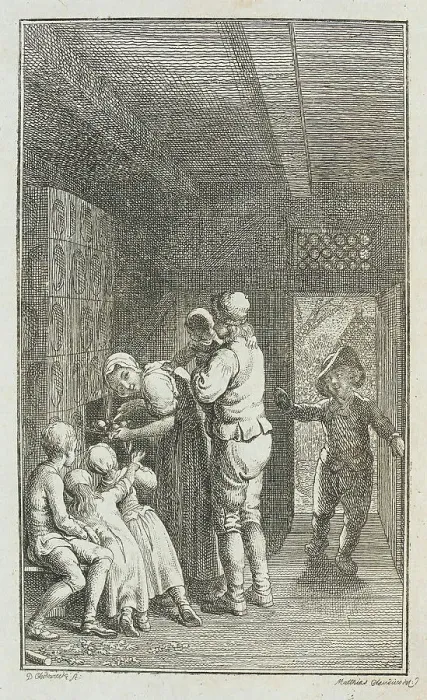 Framed Print : Illustration for Paul Erdmans Fest Wandsbecher Messenger from M. Claudius, 1783. Creator: Daniel Nikolaus Chodowiecki Framed Print : Illustration for Paul Erdmans Fest Wandsbecher Messenger from M. Claudius, 1783. Creator: Daniel Nikolaus Chodowiecki
