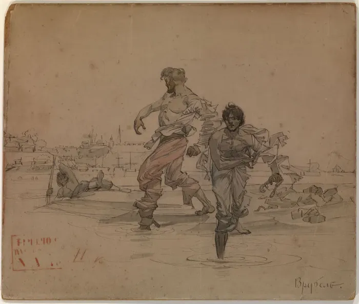 Framed Print : Illustration for the poem The Robber Brothers by Alexander Pushkin, 1881. Artist: Vrubel, Mikhail Alexandrovich (1856-1910) Framed Print : Illustration for the poem The Robber Brothers by Alexander Pushkin, 1881. Artist: Vrubel, Mikhail Alexandrovich (1856-1910)