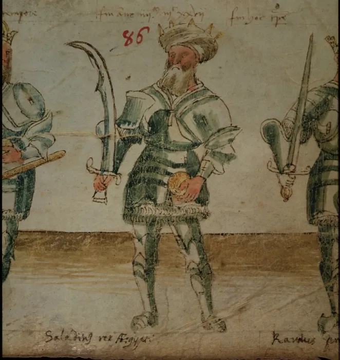 Framed Print : Illustration of Saladin, holding a scimitar, 15th century. Creator: Unknown Framed Print : Illustration of Saladin, holding a scimitar, 15th century. Creator: Unknown