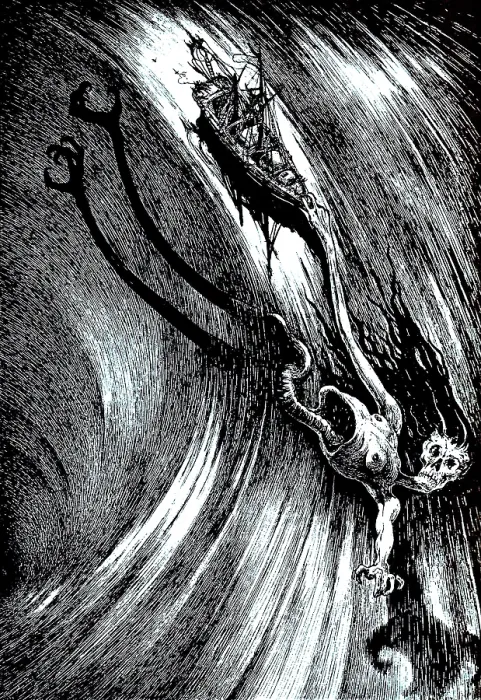 Framed Print : Illustration for the story 'A Descent into the Maelstrom' by Edgar Allan Poe, 1905. Creator: Martini, Alberto (1876-1954) Framed Print : Illustration for the story 'A Descent into the Maelstrom' by Edgar Allan Poe, 1905. Creator: Martini, Alberto (1876-1954)