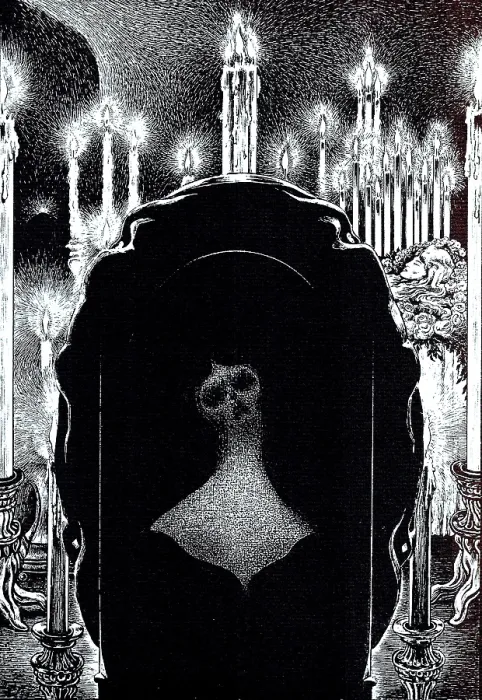 Framed Print : Illustration for the story 'Life in Death (The Oval Portrait)' by Edgar Allan Poe, 1905. Creator: Martini, Alberto (1876-1954) Framed Print : Illustration for the story 'Life in Death (The Oval Portrait)' by Edgar Allan Poe, 1905. Creator: Martini, Alberto (1876-1954)