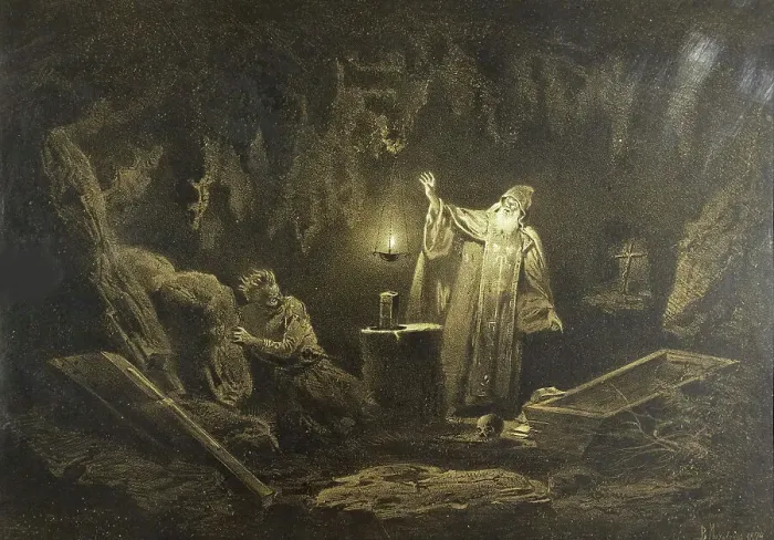 Framed Print : Illustration for the story A Terrible Vengeance from the collection Evenings on a Farm... 1874. Creator: Makovsky, Vladimir Yegorovich (1846-1920) Framed Print : Illustration for the story A Terrible Vengeance from the collection Evenings on a Farm... 1874. Creator: Makovsky, Vladimir Yegorovich (1846-1920)