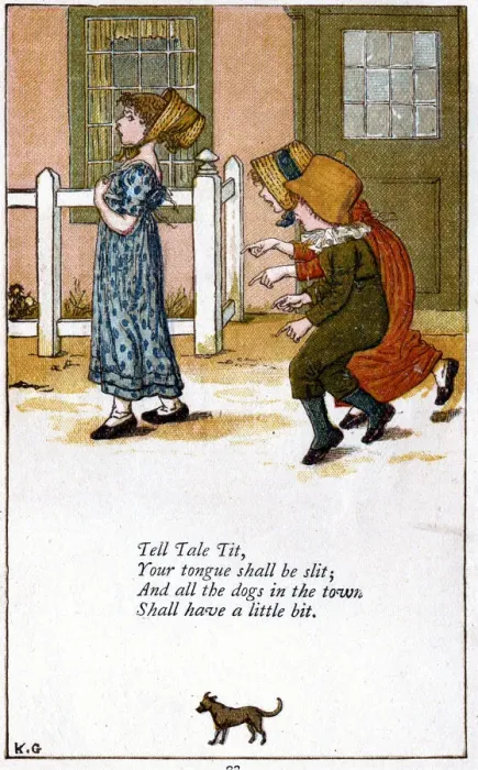 Framed Print : Illustration for Tell tale tit / your tounge shall be slit, Kate Greenaway (1846-1901). Artist: Catherine Greenaway Framed Print : Illustration for Tell tale tit / your tounge shall be slit, Kate Greenaway (1846-1901). Artist: Catherine Greenaway
