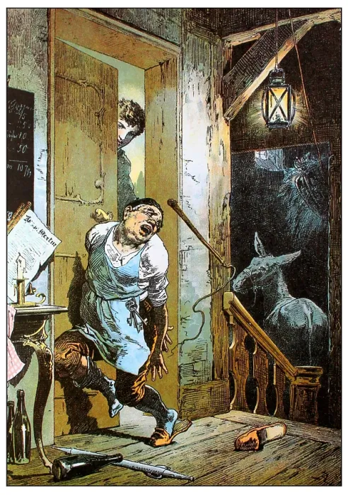 Framed Print : Illustration for 'The Wishing-Table, the Gold-Ass, and the Cudgel in the Sack' by Brothers... c1899 Creator: Zick, Alexander (1845-1907) Framed Print : Illustration for 'The Wishing-Table, the Gold-Ass, and the Cudgel in the Sack' by Brothers... c1899 Creator: Zick, Alexander (1845-1907)