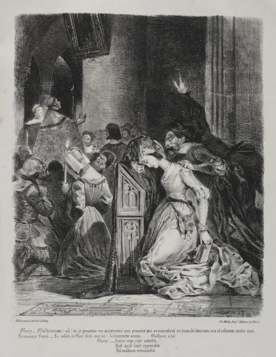Framed Print : Illustrations for Faust: Marguerite at church, 1828. Creator: Eugene Delacroix (French Framed Print : Illustrations for Faust: Marguerite at church, 1828. Creator: Eugene Delacroix (French