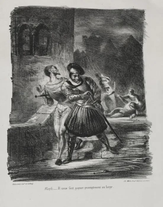 Framed Print : Illustrations for Faust: Mephistopheles and Faust flee after the duel, 1828 Framed Print : Illustrations for Faust: Mephistopheles and Faust flee after the duel, 1828