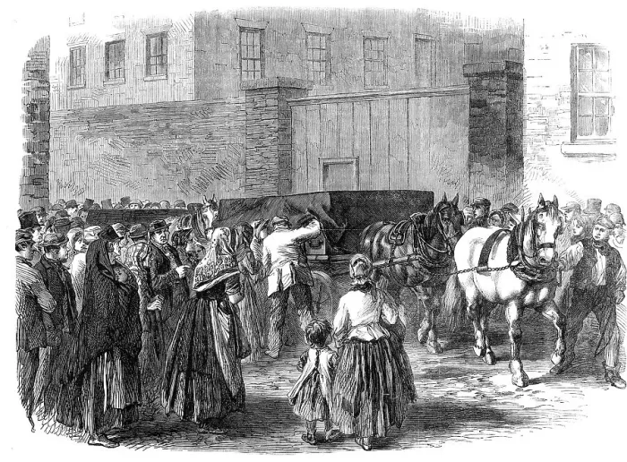 Framed Print : Illustrations of the Flood at Sheffield: burial of the unclaimed dead, 1864. Creator: Unknown Framed Print : Illustrations of the Flood at Sheffield: burial of the unclaimed dead, 1864. Creator: Unknown