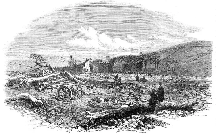 Framed Print : Illustrations of the Flood at Sheffield: the village of Malin Bridge after the flood, 1864. Creator: Unknown Framed Print : Illustrations of the Flood at Sheffield: the village of Malin Bridge after the flood, 1864. Creator: Unknown