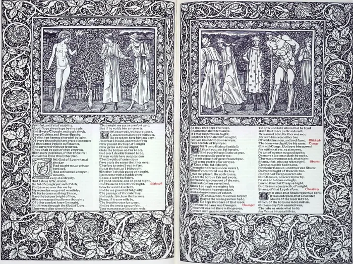 Framed Print : Two illustrations and text from the Canterbury Tales, 1896. Creator: William Harcourt Hooper