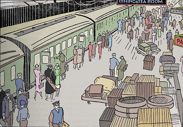 An illusttration of a 1930s railway station, 1937