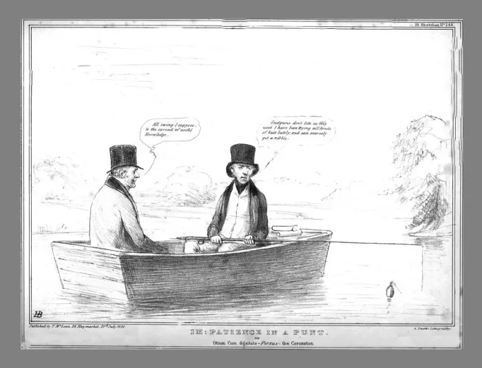 Framed Print : Im: Patience in a Punt. or Otium Cum dignitate - Versus - the Coronation, 1838 Framed Print : Im: Patience in a Punt. or Otium Cum dignitate - Versus - the Coronation, 1838