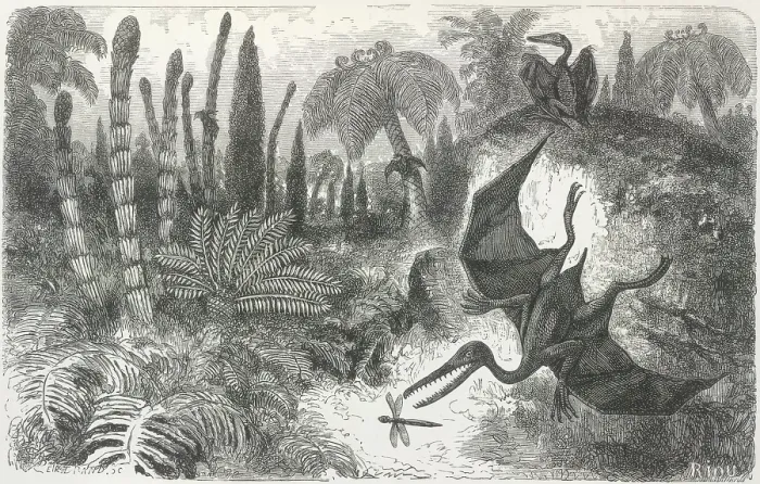 Framed Print : Imaginary Landscape during the Secondary Epoch, with Pterodactyls, Lias Period, 1865. Creator: Unknown. Imaginary Landscape during the Secondary Epoch, with Pterodactyls, Lias Period, 1865. Creator: Unknown Framed Print : Imaginary Landscape during the Secondary Epoch, with Pterodactyls, Lias Period, 1865. Creator: Unknown. Imaginary Landscape during the Secondary Epoch, with Pterodactyls, Lias Period, 1865. Creator: Unknown