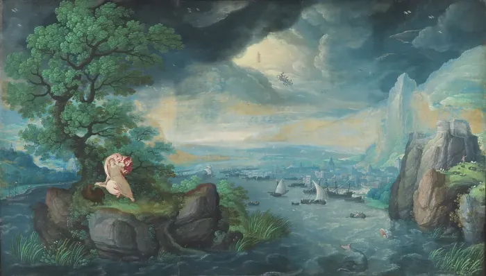 Framed Print : Imaginary Landscape with St. John on Patmos, c1554-1593. Creator: Hans Bol Framed Print : Imaginary Landscape with St. John on Patmos, c1554-1593. Creator: Hans Bol
