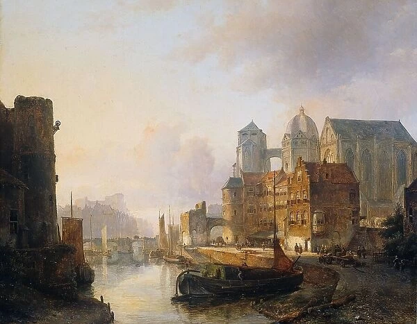 Imaginary View of a Riverside Town with Aachen Cathedral, 1846. Creator: Kasparus Karsen