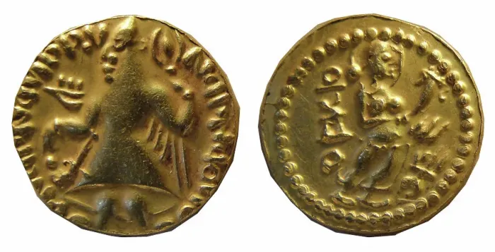 Framed Print : Imitation of a Kushan coin from Samatata. King Kanishka (obverse), Goddess standin... 2nd-3rd cent. Creator: Numismatic; Oriental coins () Framed Print : Imitation of a Kushan coin from Samatata. King Kanishka (obverse), Goddess standin... 2nd-3rd cent. Creator: Numismatic; Oriental coins ()