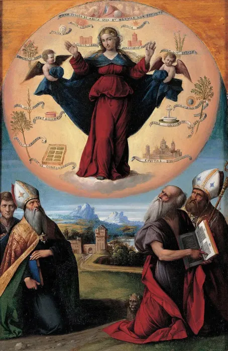 Framed Print : The Immaculate Conception with saints, c. 1535-1550. Artist: Garofalo, Benvenuto Tisi da (1481-1559) Framed Print : The Immaculate Conception with saints, c. 1535-1550. Artist: Garofalo, Benvenuto Tisi da (1481-1559)