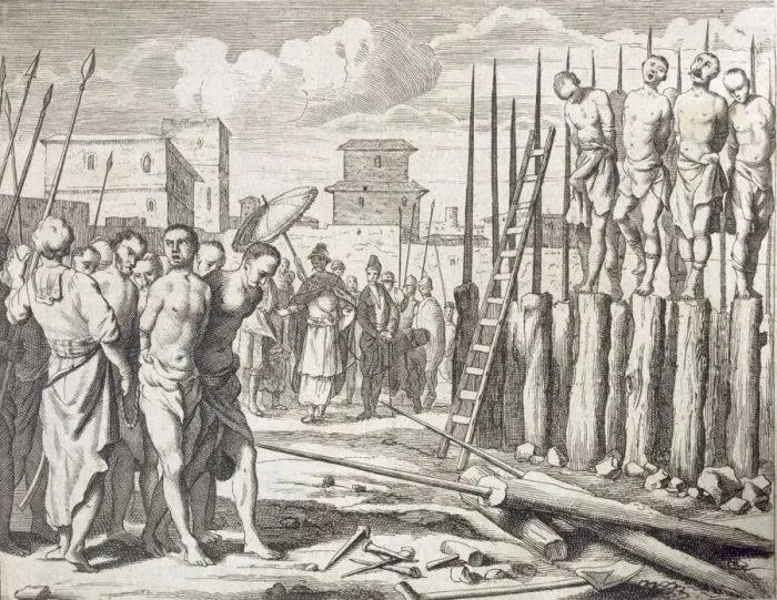 Framed Print : The Impaling of Some rebells?, Punishment: Massacre by impalement, pub. 1672. Creator