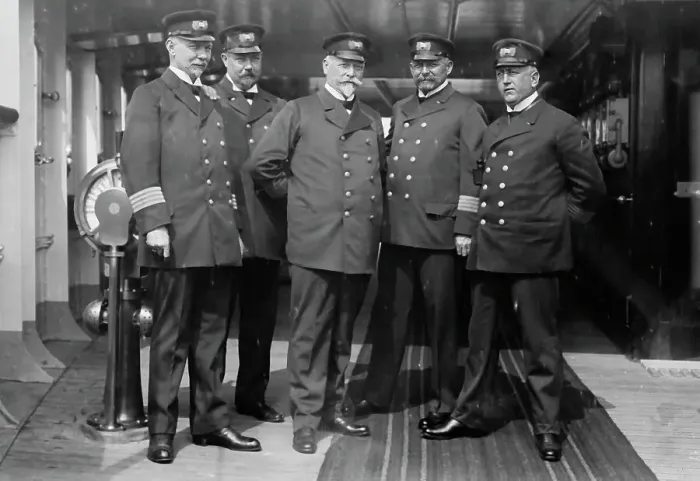 Framed Print : On the Imperator, Capt. H. von Meibom, Com. Ruser, Capt. A. Hoefer, Capt. H. Schetelig... 1913. Creator: Bain News Service Framed Print : On the Imperator, Capt. H. von Meibom, Com. Ruser, Capt. A. Hoefer, Capt. H. Schetelig... 1913. Creator: Bain News Service