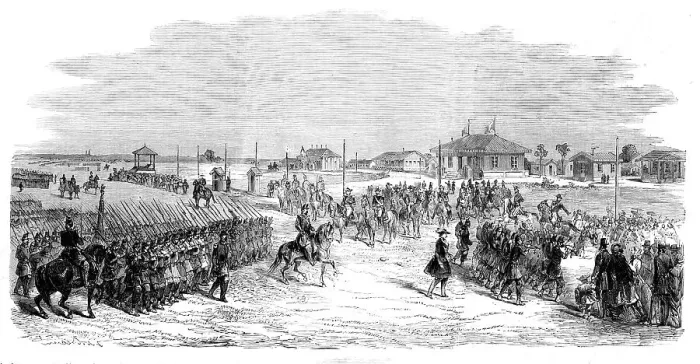 Framed Print : Imperial Head-quarters at the Camp at Chalons - from a drawing by M. Beaucé, 1860. Creator: Unknown Framed Print : Imperial Head-quarters at the Camp at Chalons - from a drawing by M. Beaucé, 1860. Creator: Unknown