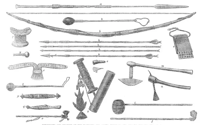 Framed Print : Implements and weapons of the Manganja and Ajawa tribes of the Zambesi Country, in Africa, 1864. Creator: Unknown Framed Print : Implements and weapons of the Manganja and Ajawa tribes of the Zambesi Country, in Africa, 1864. Creator: Unknown