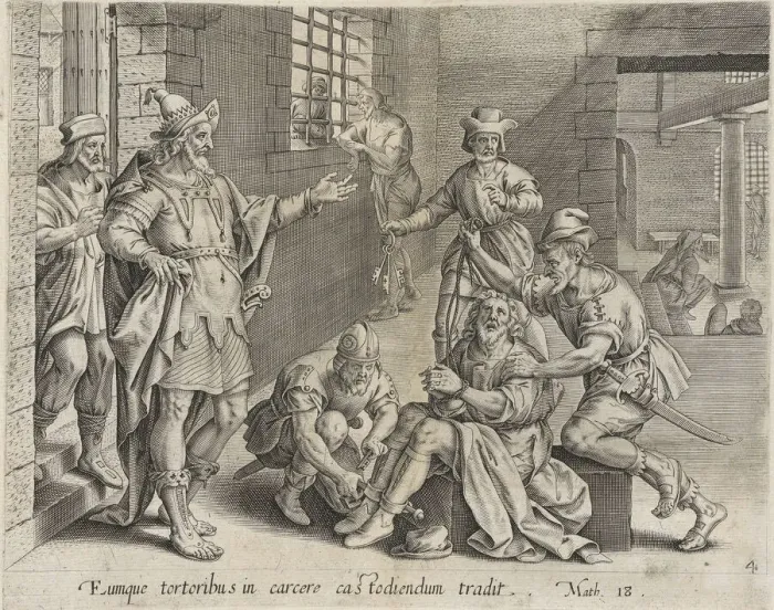Framed Print : The Imprisoned Servant, from The Parable of the Unmerciful Servant, bound in Thesaurus Sac... 1585. Creator: Anon Framed Print : The Imprisoned Servant, from The Parable of the Unmerciful Servant, bound in Thesaurus Sac... 1585. Creator: Anon