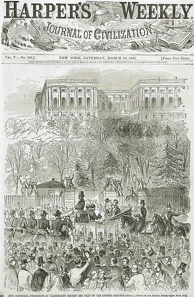 The Inaugural Procession at Washington, Passing the Gate of the Capitol Grounds, 1861. Creator: Unknown