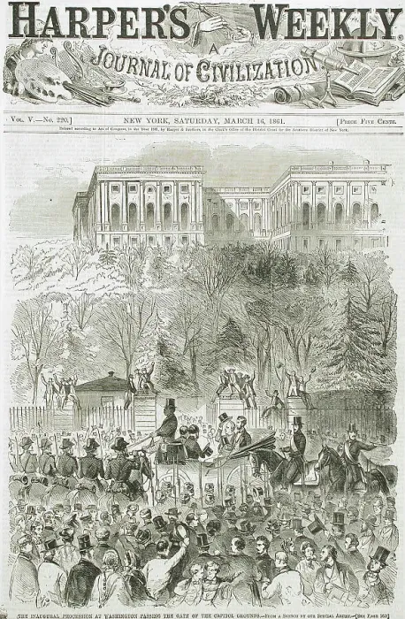 Framed Print : The Inaugural Procession at Washington, Passing the Gate of the Capitol Grounds, 1861. Creator: Unknown Framed Print : The Inaugural Procession at Washington, Passing the Gate of the Capitol Grounds, 1861. Creator: Unknown
