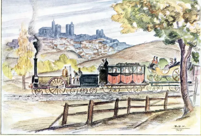 Framed Print : The inaugural train of the line from Madrid to Zaragoza in 1859, passing by Siguenza Framed Print : The inaugural train of the line from Madrid to Zaragoza in 1859, passing by Siguenza