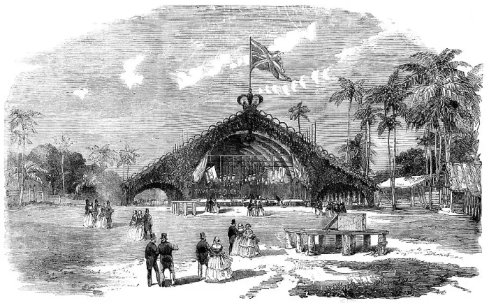 Framed Print : Inauguration of the Ceylon Railway: East End of the Banquet Bungalow, 1858. Creator: Unknown Framed Print : Inauguration of the Ceylon Railway: East End of the Banquet Bungalow, 1858. Creator: Unknown