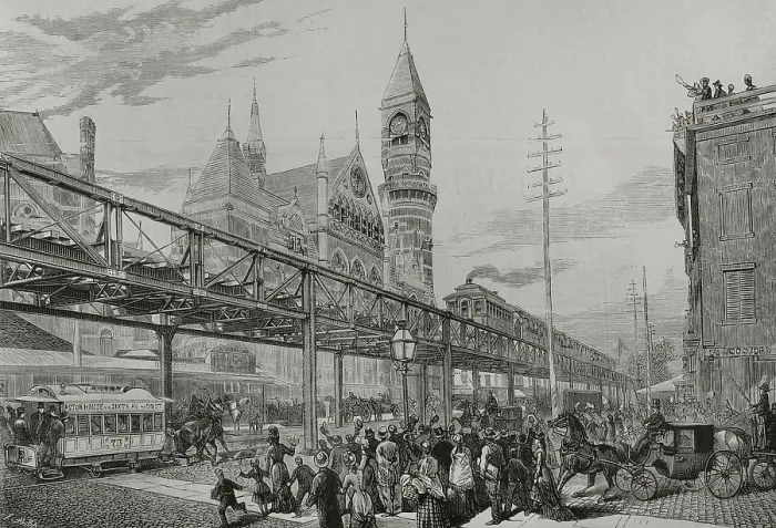 Framed Print : Inauguration of the elevated railway over streets and squares, New York, April 29, 1878. Creator: Enrique Alba Framed Print : Inauguration of the elevated railway over streets and squares, New York, April 29, 1878. Creator: Enrique Alba