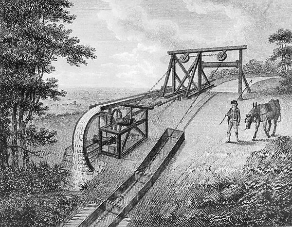 Inclined plane powered by water wheel in used on a canal, 1796