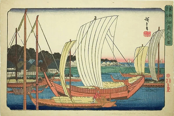 Incoming Boats at Tsukuda Island (Tsukudajima irifune no zu), from the series 'Famous... c.1832 / 38. Creator: Ando Hiroshige. Incoming Boats at Tsukuda Island (Tsukudajima irifune no zu), from the series 'Famous... c.1832 / 38