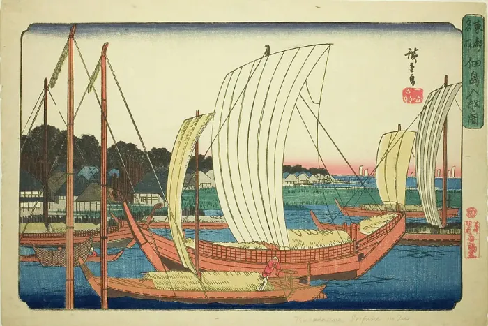 Framed Print : Incoming Boats at Tsukuda Island (Tsukudajima irifune no zu), from the series Famous... c.1832 / 38. Creator: Ando Hiroshige. Incoming Boats at Tsukuda Island (Tsukudajima irifune no zu), from the series Famous... c.1832 / 38 Framed Print : Incoming Boats at Tsukuda Island (Tsukudajima irifune no zu), from the series Famous... c.1832 / 38. Creator: Ando Hiroshige. Incoming Boats at Tsukuda Island (Tsukudajima irifune no zu), from the series Famous... c.1832 / 38