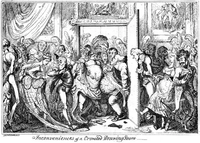 Framed Print : Inconvenience of a Crowded Drawing Room, 1818. Artist: George Cruikshank Framed Print : Inconvenience of a Crowded Drawing Room, 1818. Artist: George Cruikshank