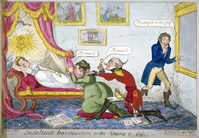 Framed Print : Indelicate Investigation or the Spying D-glass s, 1813. Artist: George Cruikshank