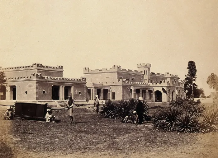 Framed Print : India: Ludlow Castle, Delhi, with a sedan-chair and attendants in the garden, c1858. Creator: Felice Beato Framed Print : India: Ludlow Castle, Delhi, with a sedan-chair and attendants in the garden, c1858. Creator: Felice Beato