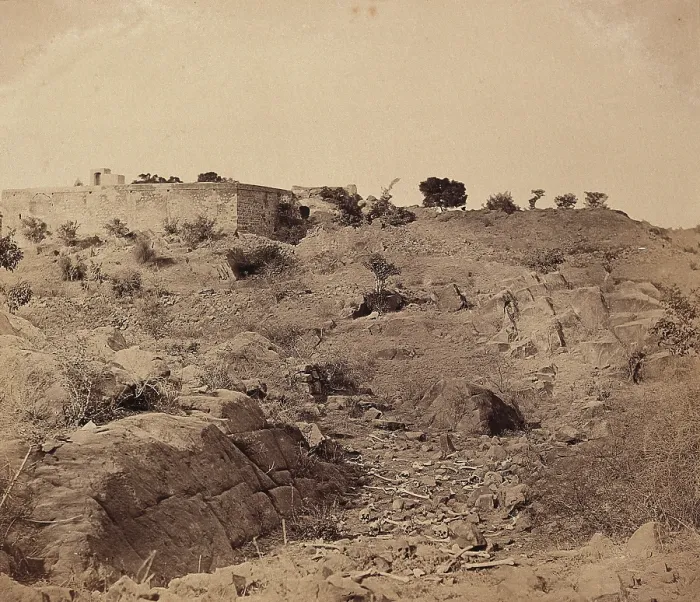 Framed Print : India: the ruins of Sammy House surrounded by scattered bones of sepoys killed in action, c1858. Creator: Felice Beato Framed Print : India: the ruins of Sammy House surrounded by scattered bones of sepoys killed in action, c1858. Creator: Felice Beato