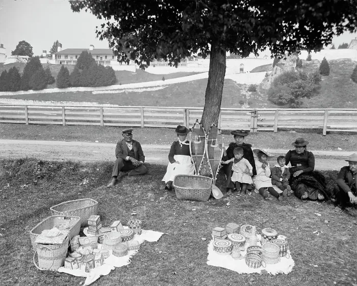 Framed Print : Indian basket market, Mackinac, An, c1905. Creator: Unknown Framed Print : Indian basket market, Mackinac, An, c1905. Creator: Unknown